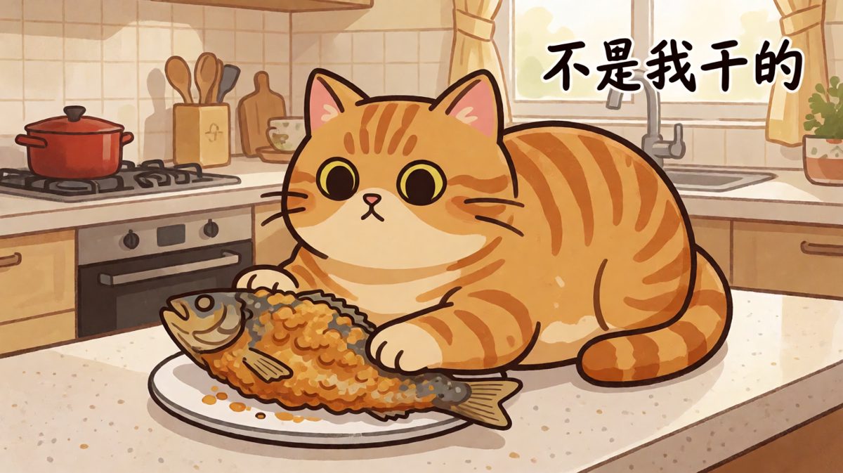 猫咪偷吃被抓，第一反应是装无辜