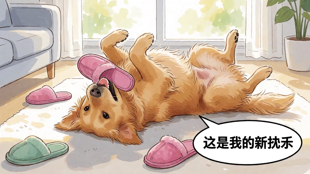 狗狗把拖鞋当枕头，还一脸陶醉