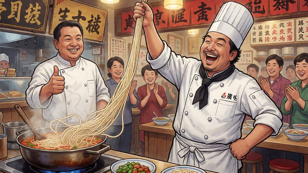 终于成功拉出一根完美的长面条！法国厨师喜极而泣，师傅竖起大拇指。