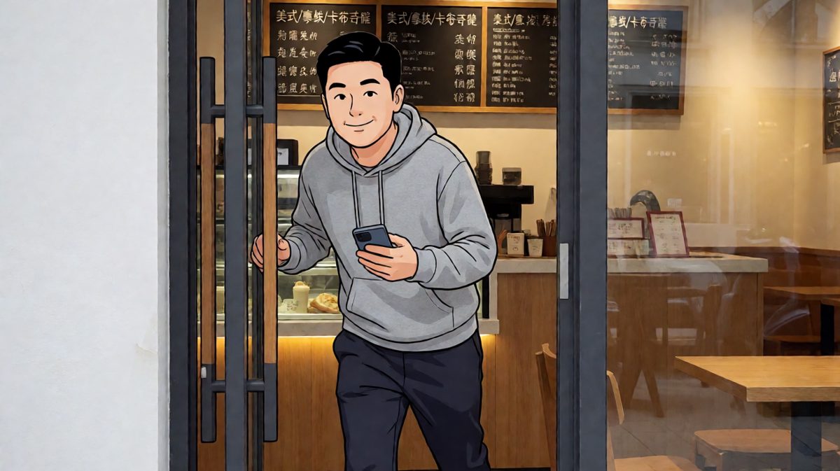 男主自信满满走进咖啡店，准备享受美好早晨。