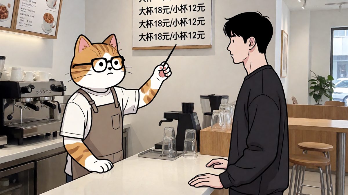 咖啡师面无表情地递出灵魂问题：'要大杯还是小杯？'