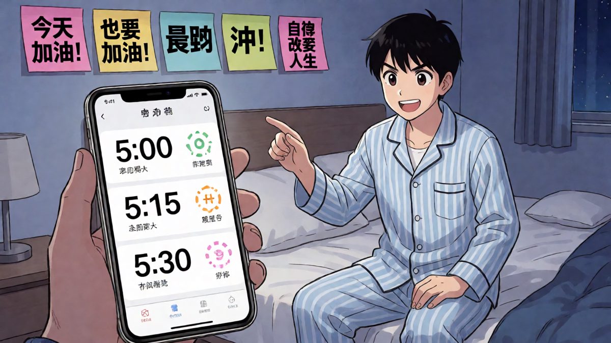 第1格：雄心壮志的夜晚——主人公信心满满地设下三个晨跑闹钟