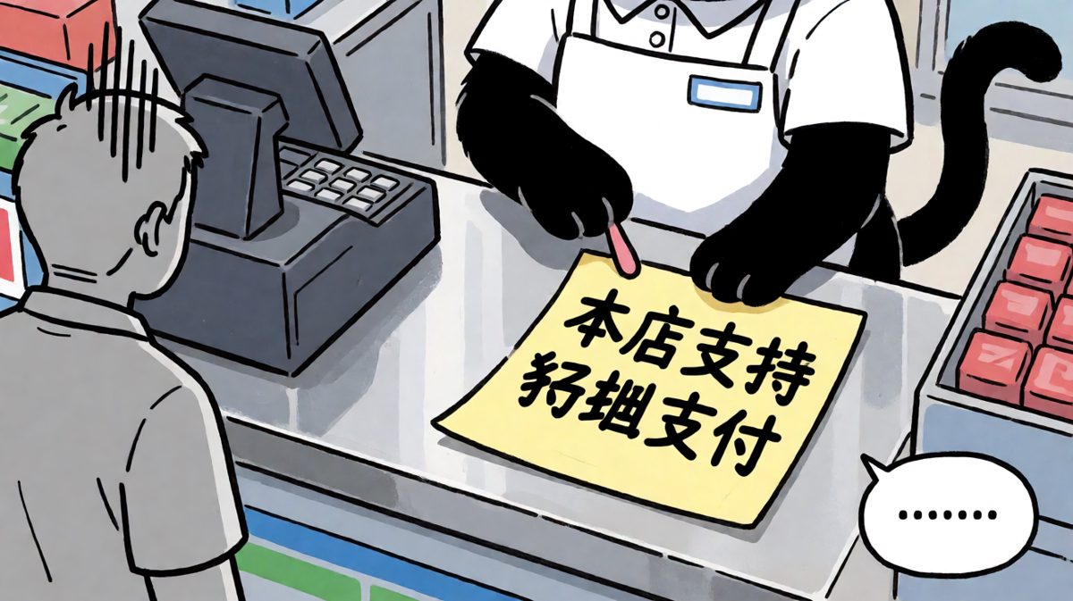 冷面猫收银员淡定提醒：可以扫码啊喂！