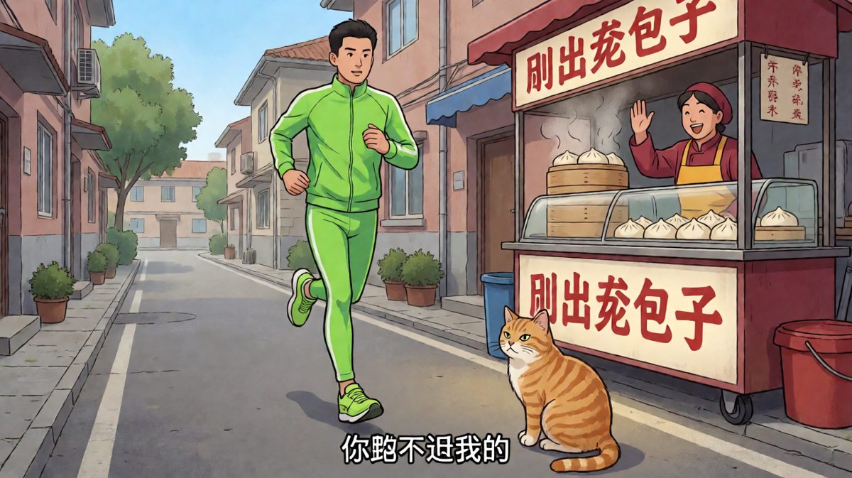 第2格：跑步路上被橘猫和包子摊疯狂诱惑