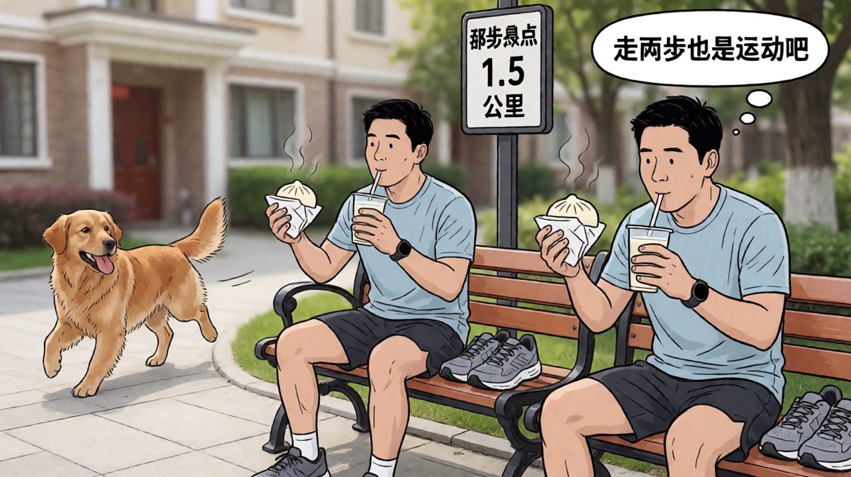 第3格：跑不动了，理直气壮地改为散步+吃早餐