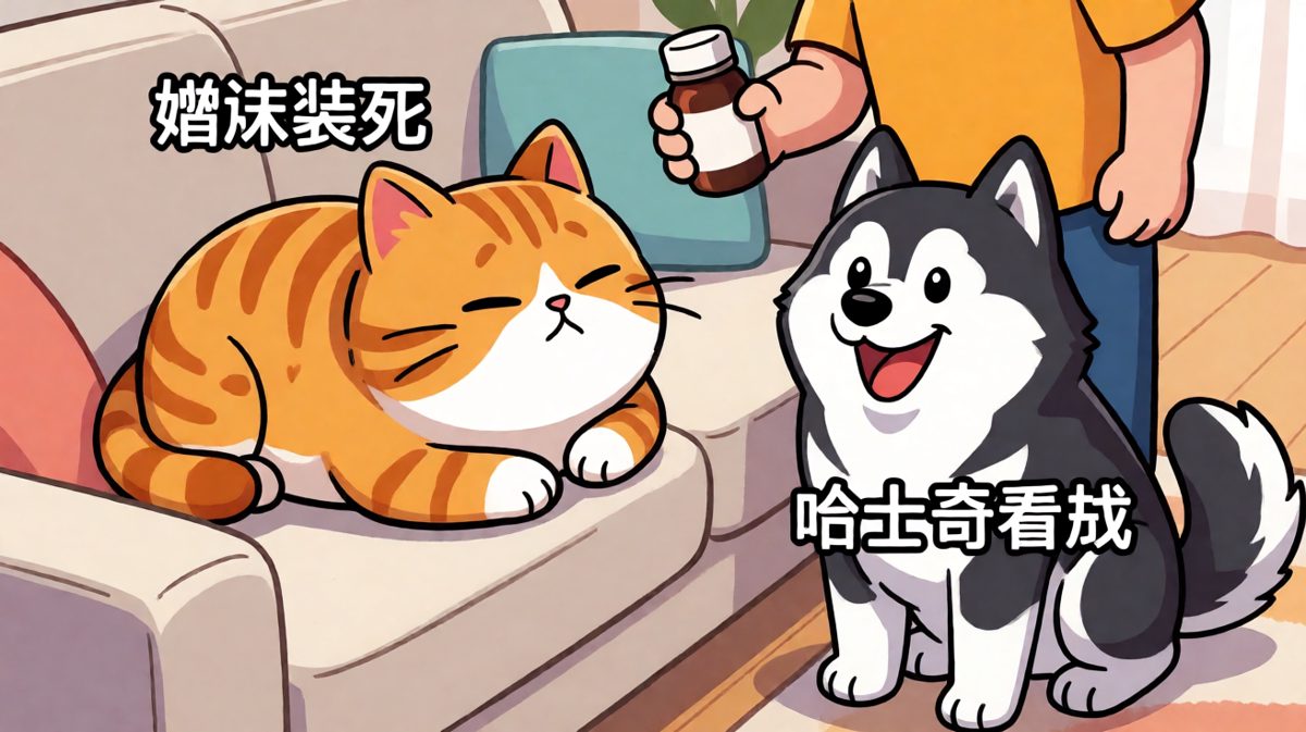 橘猫：只要我躺得够快，吃药就追不上我！
