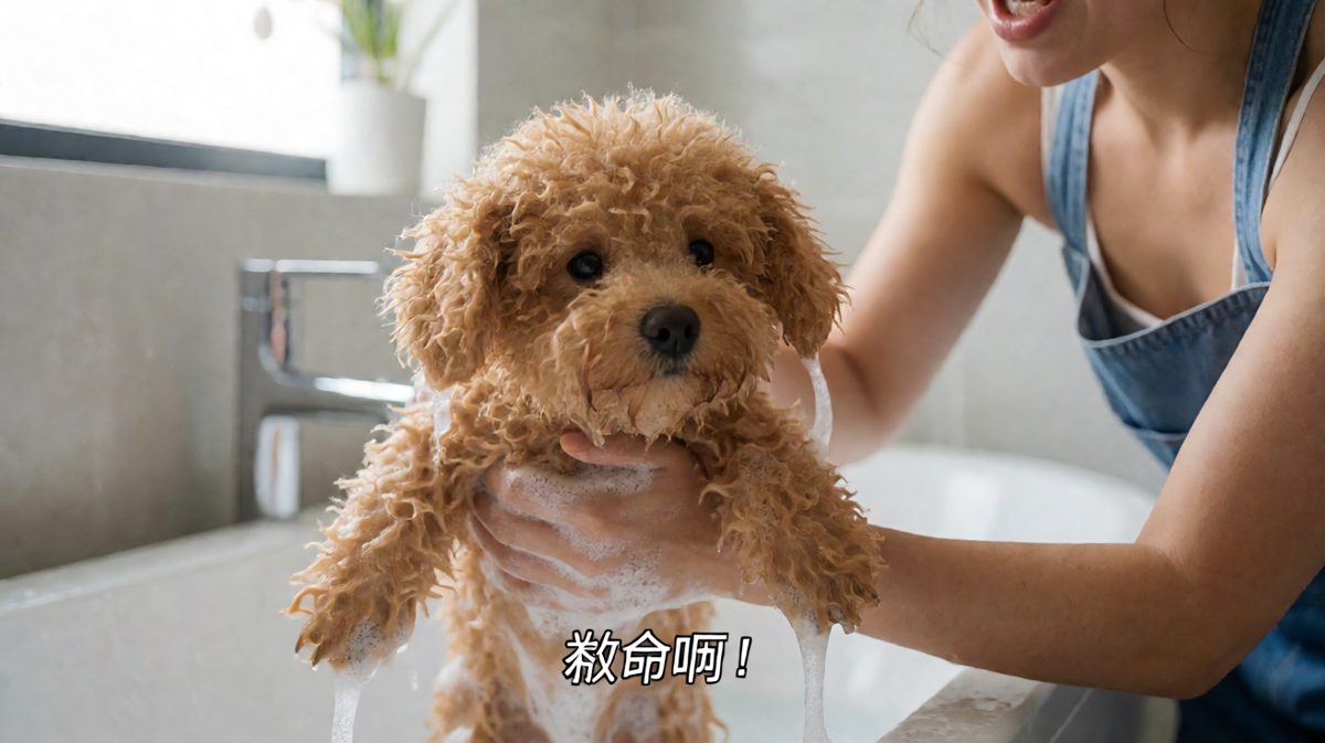 狗狗洗澡时疯狂挣扎水花四溅