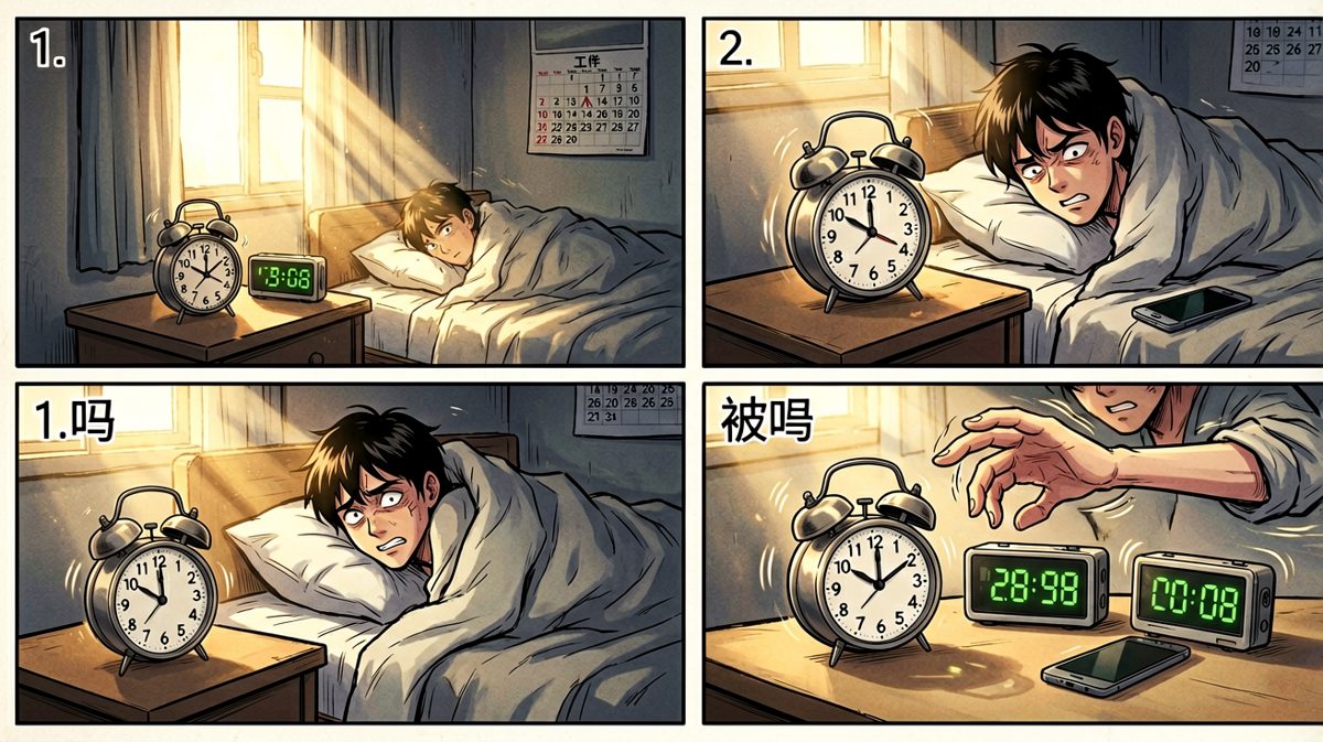 闹钟响了，主角挣扎着按掉，表情痛苦