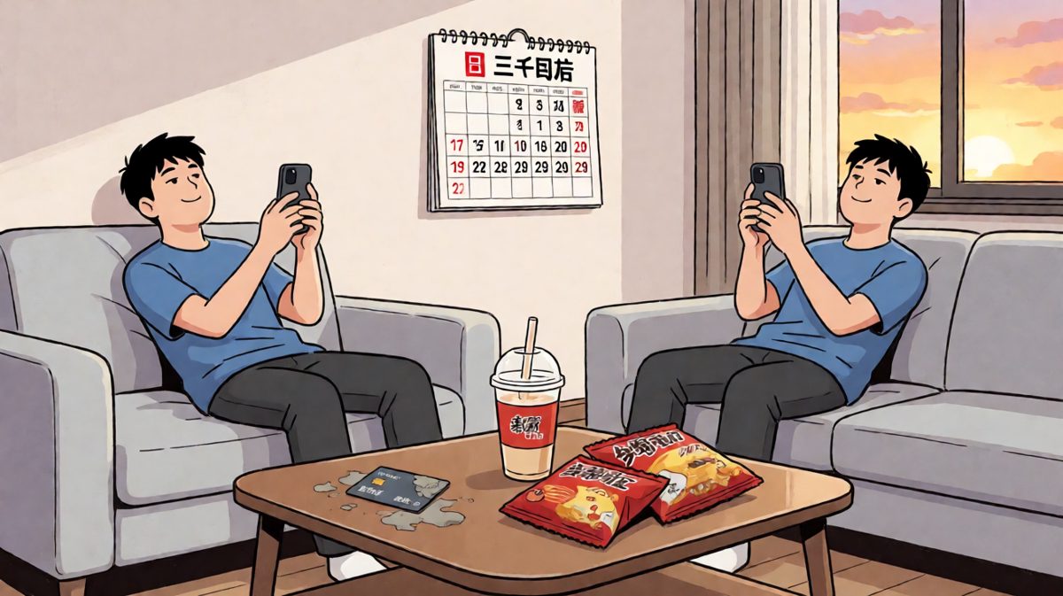 办了卡之后的生活：沙发、手机、外卖，完美。