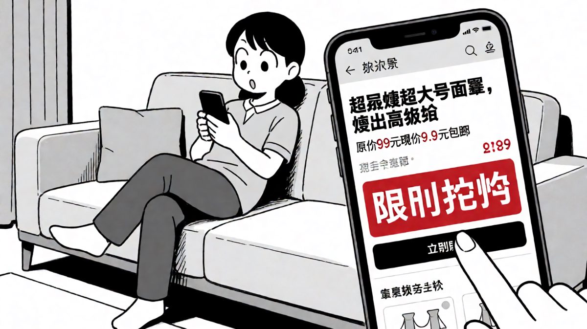 主角被「9块9包邮」的超大号面罩广告彻底种草，毫不犹豫下单