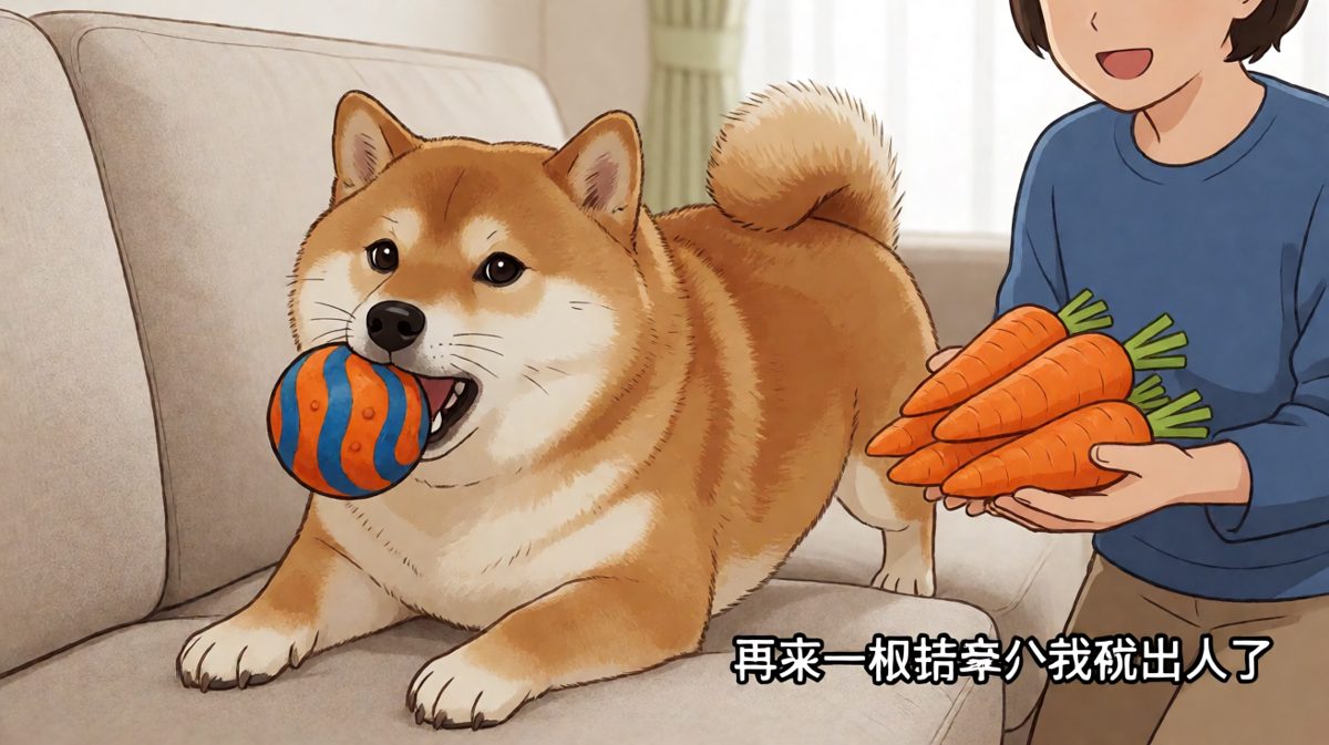 柴犬头卡沙发，胡萝卜谈判进行中