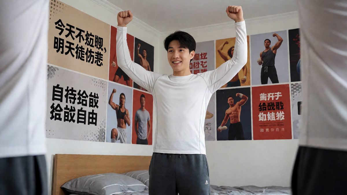 第1格：主角对着镜子立flag，决心满满要减肥