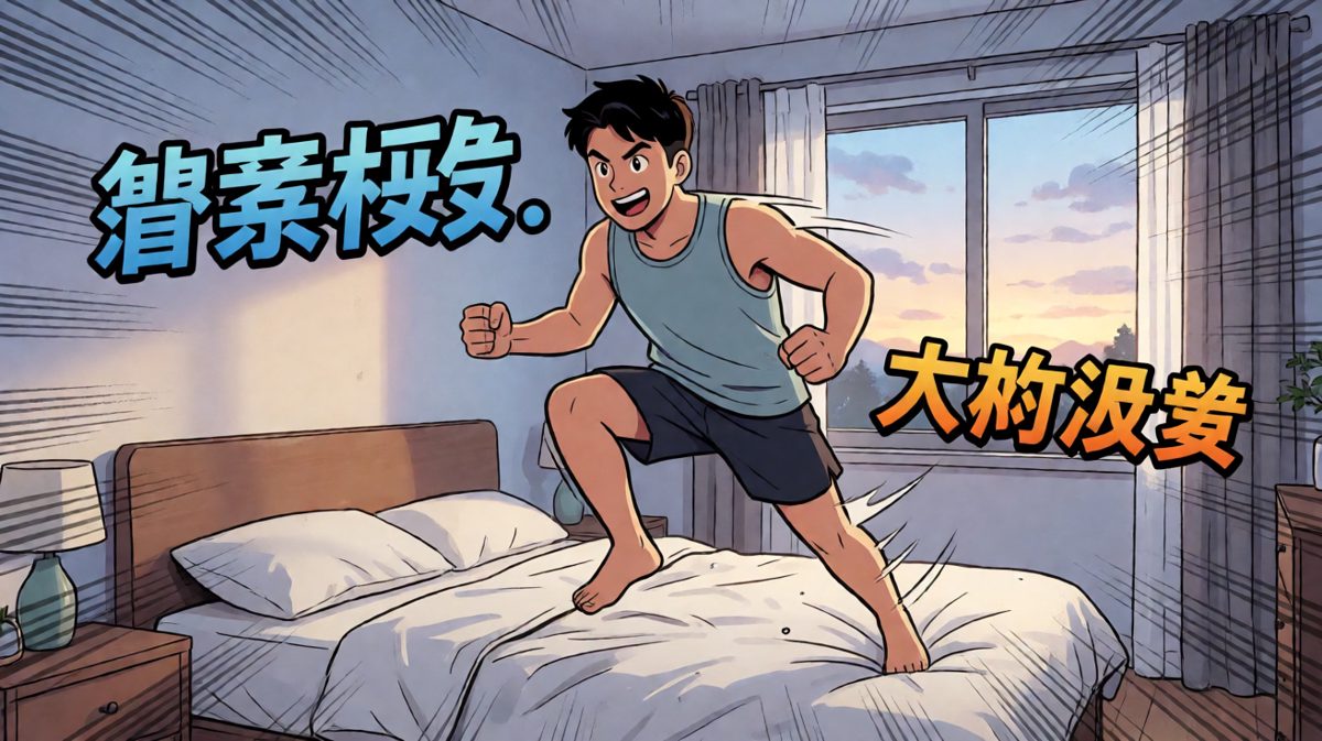 被闹钟惊醒的瞬间，主角充满了改变人生的决心。