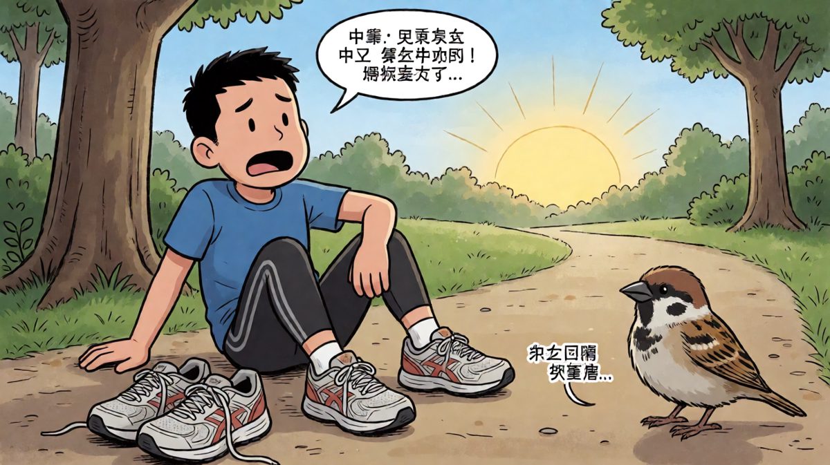 跑了不到两百米，主角彻底放弃，决定回家继续睡。