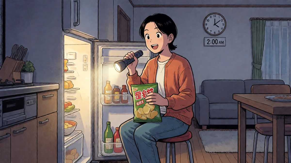 半夜摸黑偷吃，边吃边自我安慰