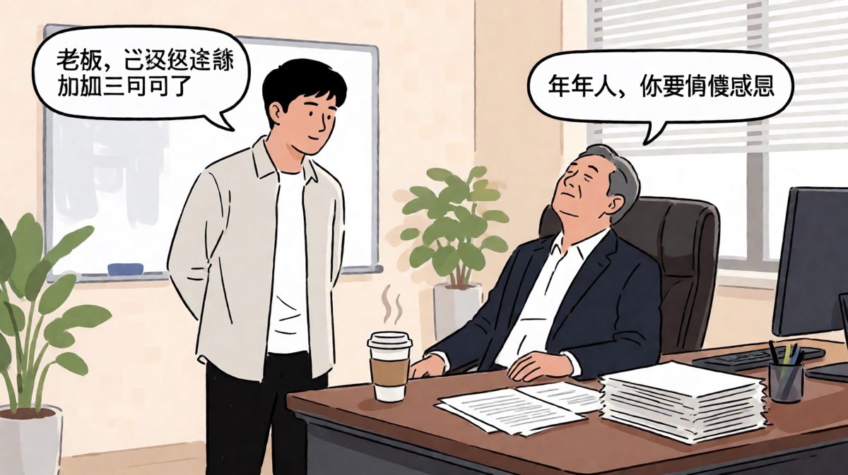 员工求夸奖，老板教做人——加班是我的福报。