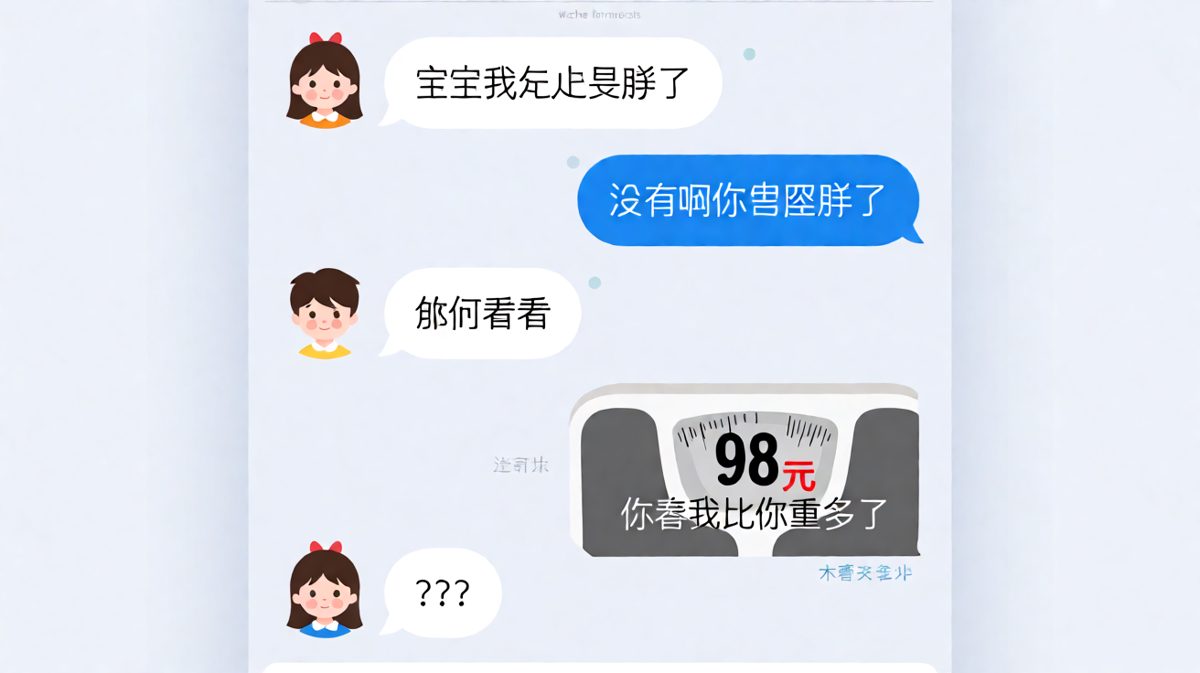 男生反手晒体重秤，把'胖不胖'危机转化成'你先减减肥'的神级反击。