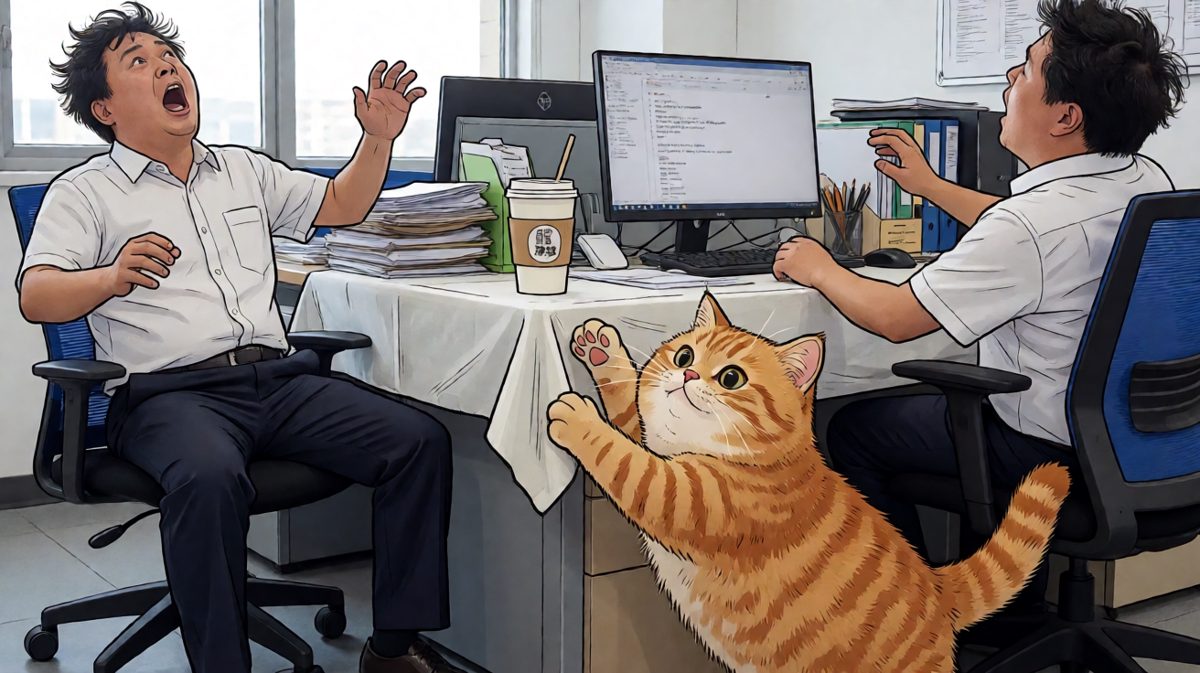 橘猫捣乱打翻咖啡，泼了男子一脸。