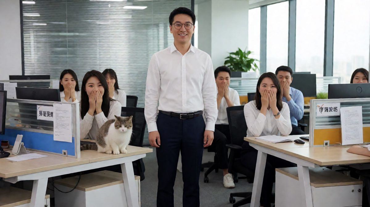 男子狼狈不堪，猫咪却假装没事。