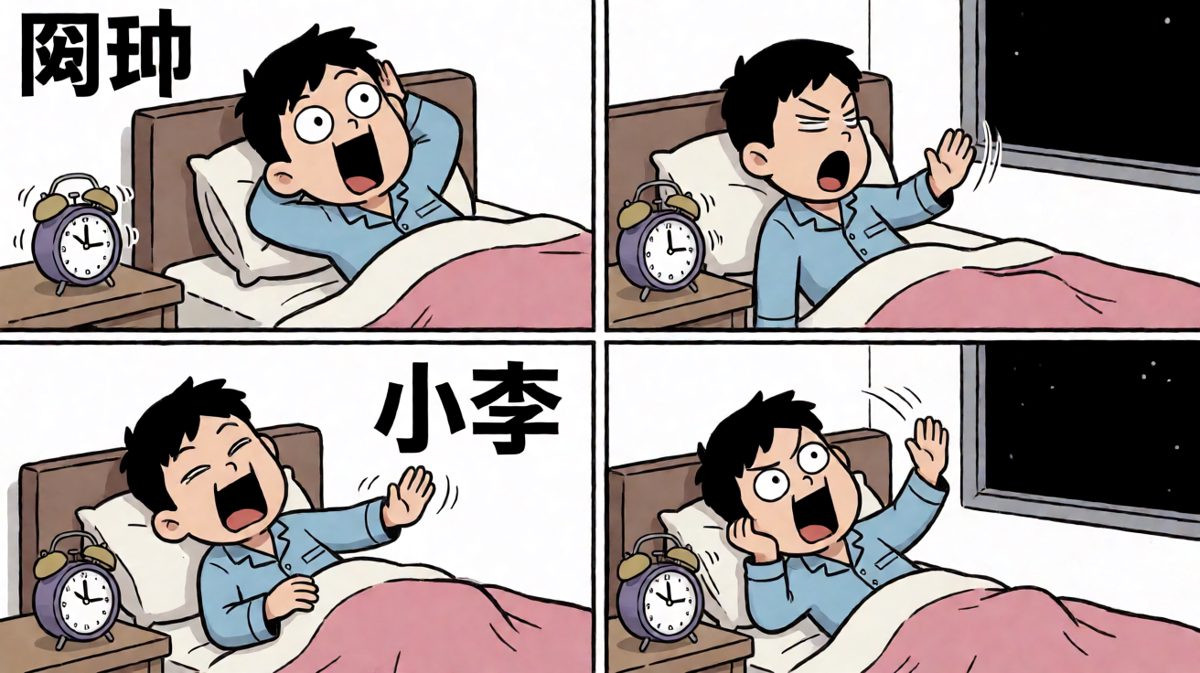 格一：闹钟响了，本能反应是关掉继续睡