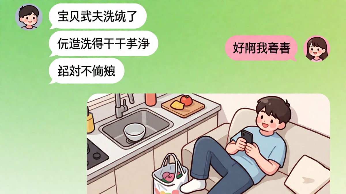 承诺洗碗秒变沙发瘫，反差萌让人哭笑不得