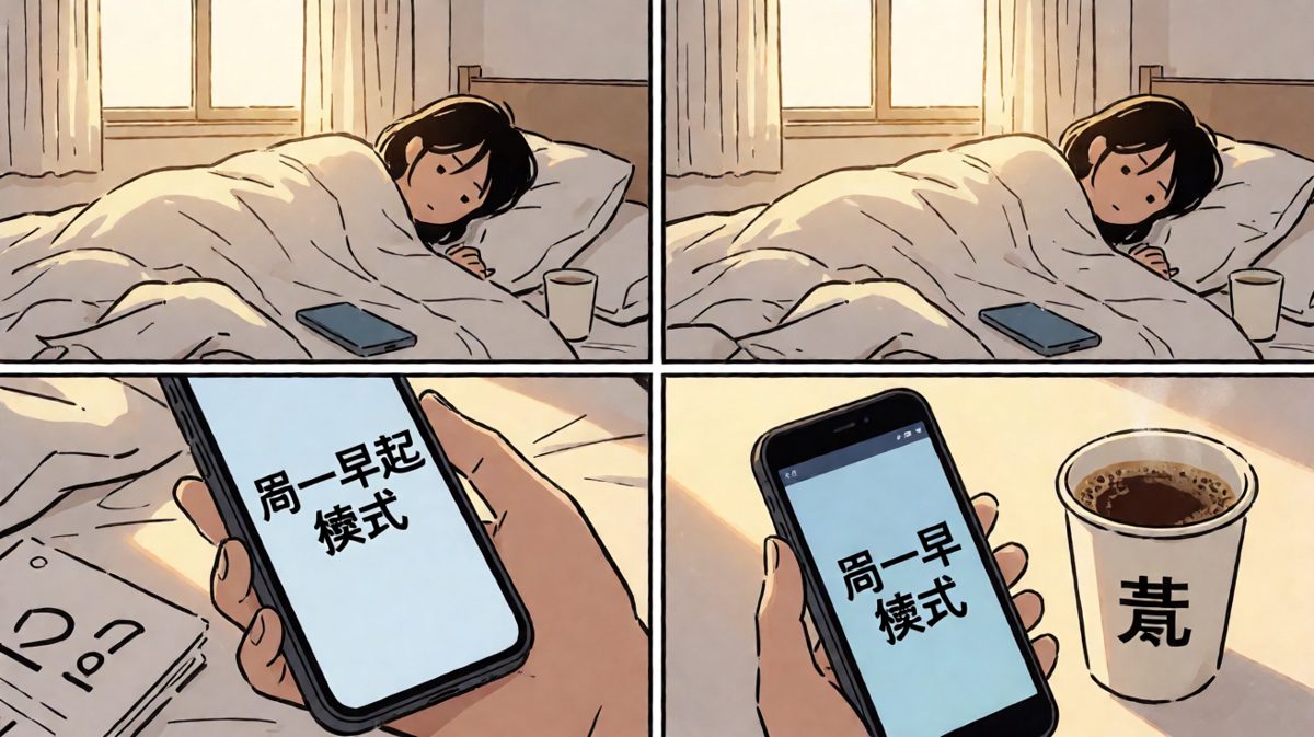 闹钟响起，小明痛苦地从被窝里探出头