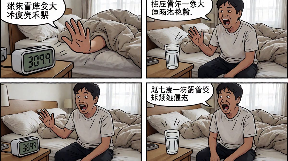 闹钟响了，闭着眼胡乱一关，不幸撞翻了桌上的水杯
