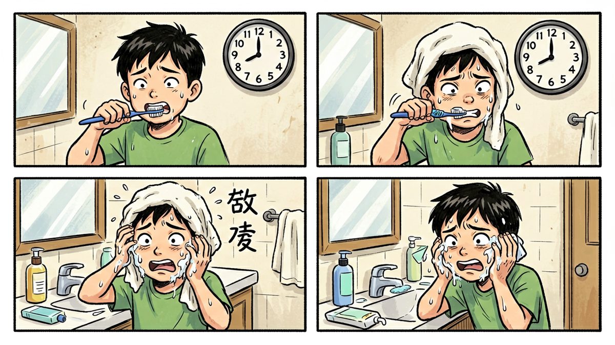 边刷牙边洗脸，疯狂梳洗准备出门