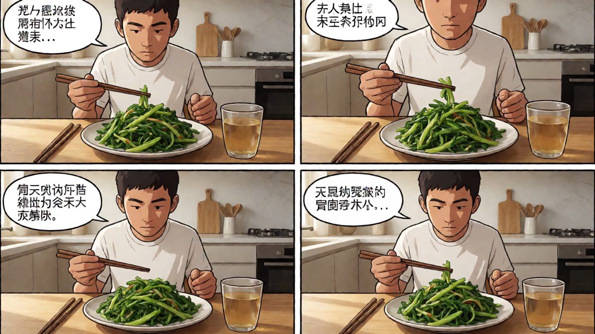 主角立志减肥，开始认真吃沙拉。