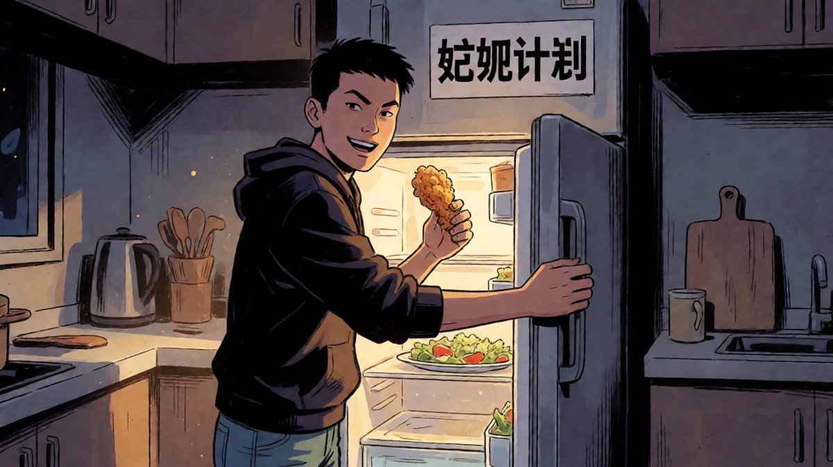 深夜主角忍不住偷吃炸鸡，表情一脸罪恶又满足。