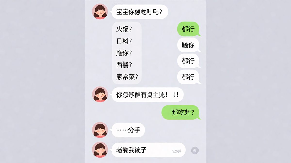 男生每次都说'随便'，最后反被女生拿'吃屎'整破防。