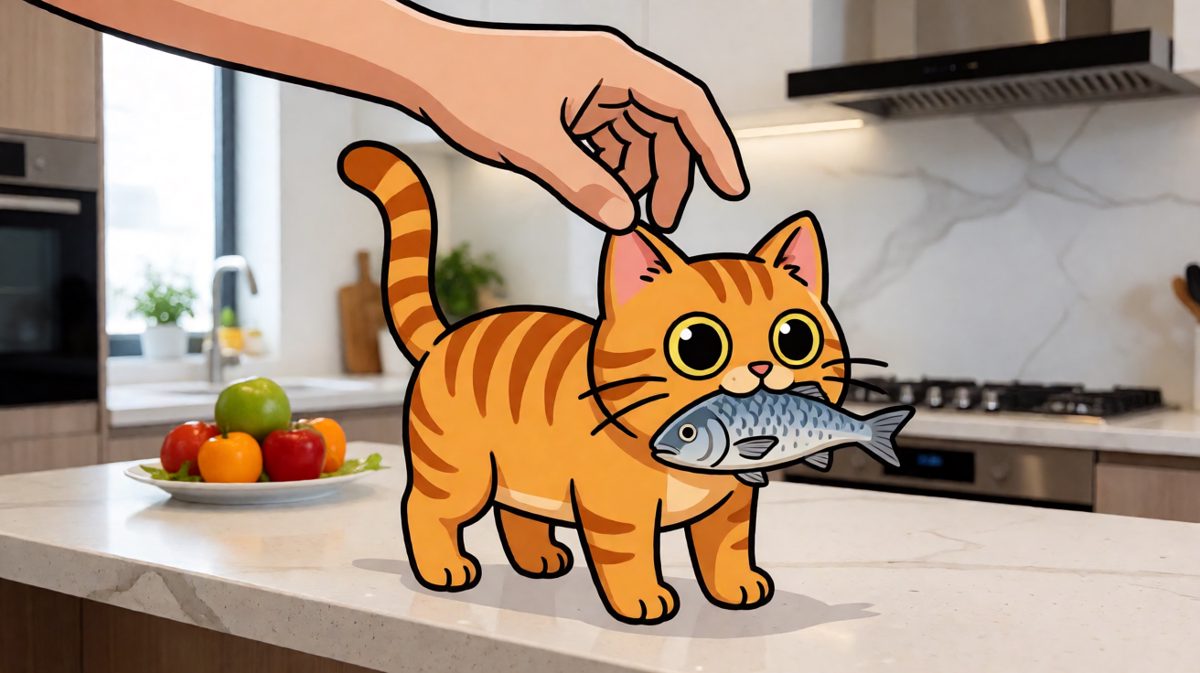 橘猫偷吃被当场抓获，眼神仿佛在说：是鱼先动的手！