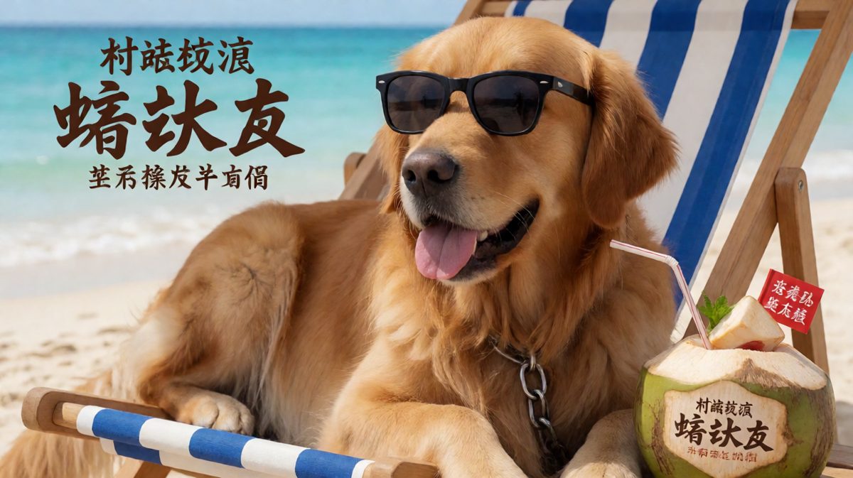 金毛的夏日度假pose，可惜墨镜不争气地滑落了