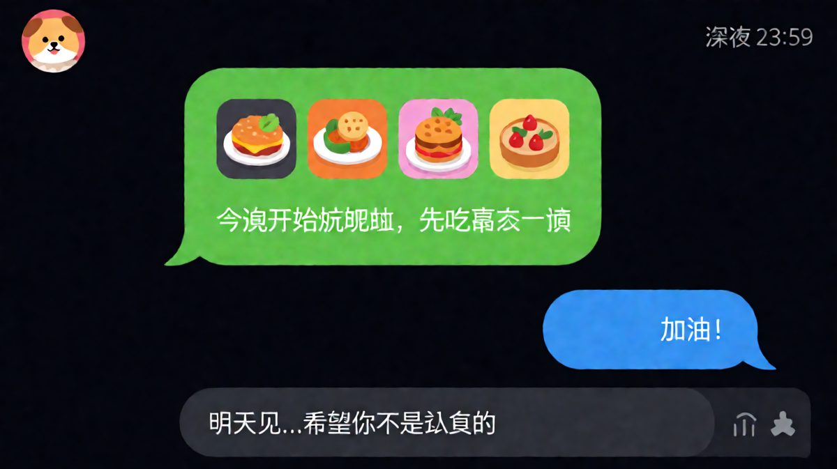 凌晨11:59说要减肥，配图全是红烧肉和火锅。