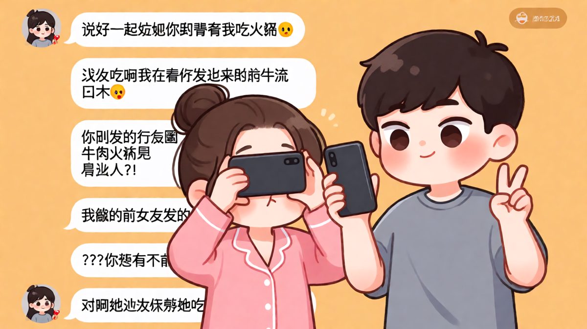 女朋友发现男友偷吃火锅，男友用前女友当挡箭牌的经典甩锅现场。