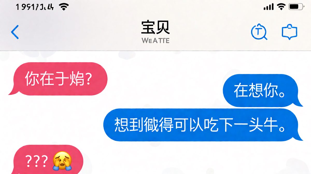 「在想你，想到饿得可以吃下一头牛」—— 男生用饿解决了深情。