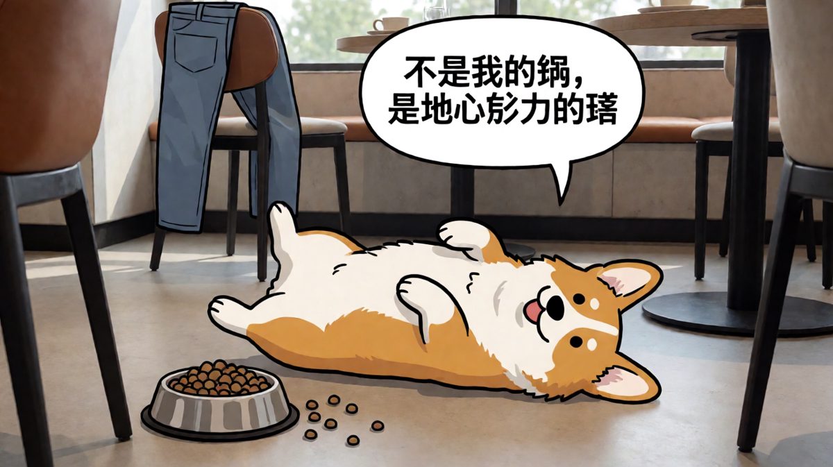 柯基打翻狗粮后假装无事发生，躺平装死