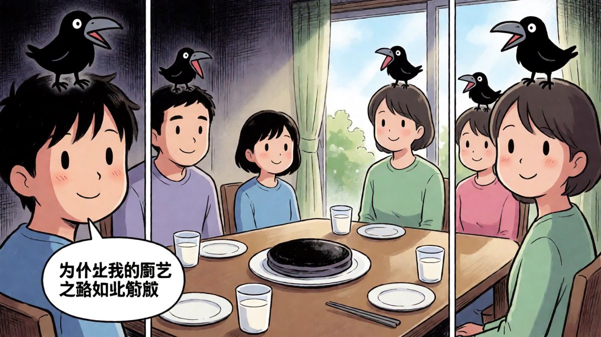 一家人整整齐齐地吃着我做的黑暗料理，画面很温馨（并不是）。