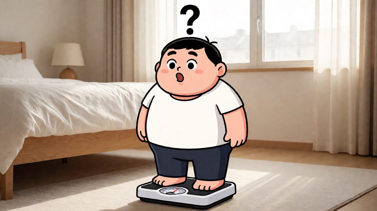 主人公站上体重秤，被数字击溃，立下减肥誓言。