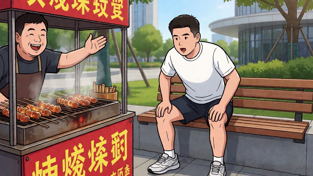 跑步结束正饿，迎面撞上了烧烤摊的灵魂诱惑。