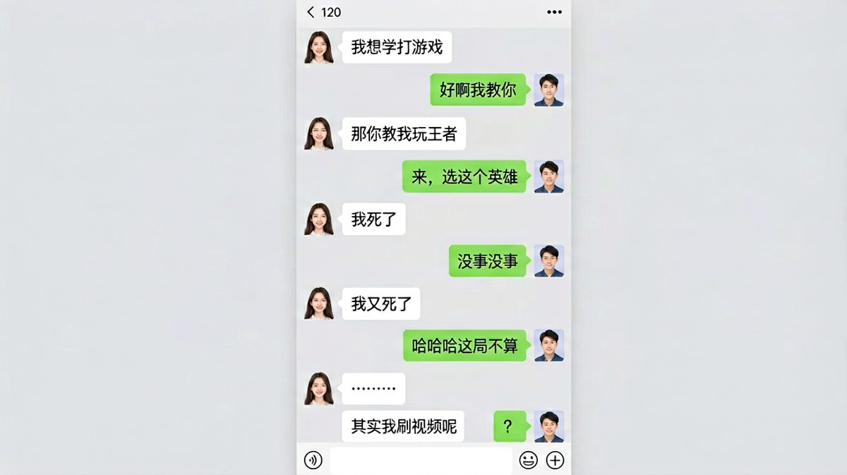 女生假装学打游戏实则刷视频，男生一路配合演出，最后的震惊表情包堪称灵魂