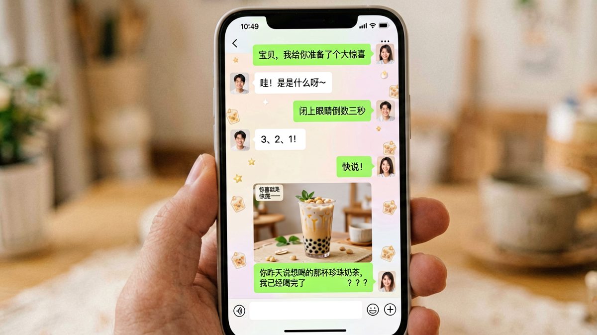 男生说准备了惊喜，结果是把女生想喝的奶茶喝完了
