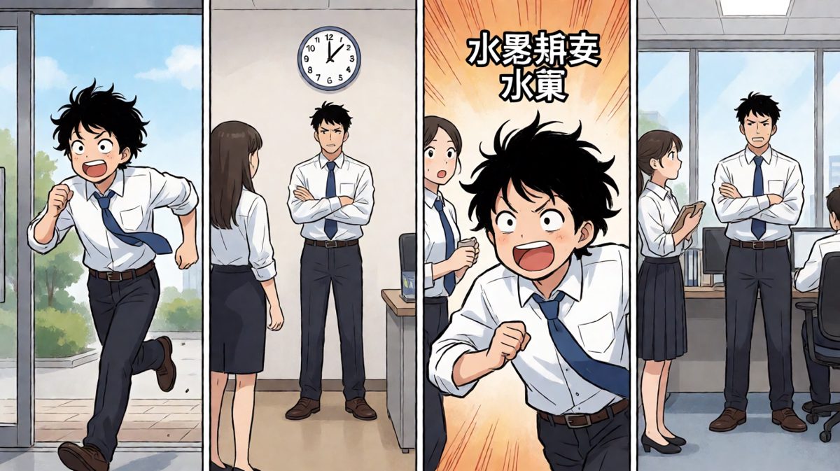 第四格：气喘吁吁赶到公司——刚好完美错过每一个该醒来的时刻