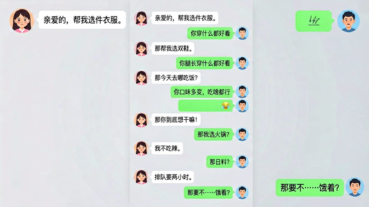 女生让男生做决定，男生每选都被否决，最后一句神回复。