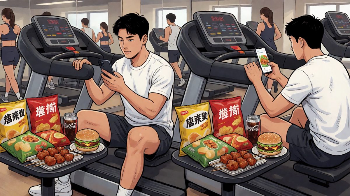 跑步机只是背景，真正的运动是动手吃东西