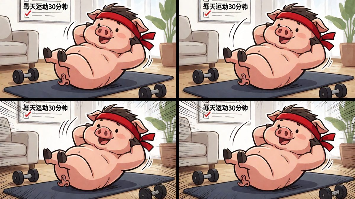 小猪努力锻炼，累得满头大汗也不放弃。