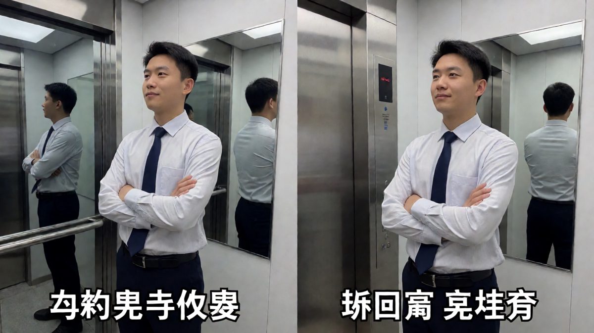 电梯里的自信满满，完全没发现自己穿反了