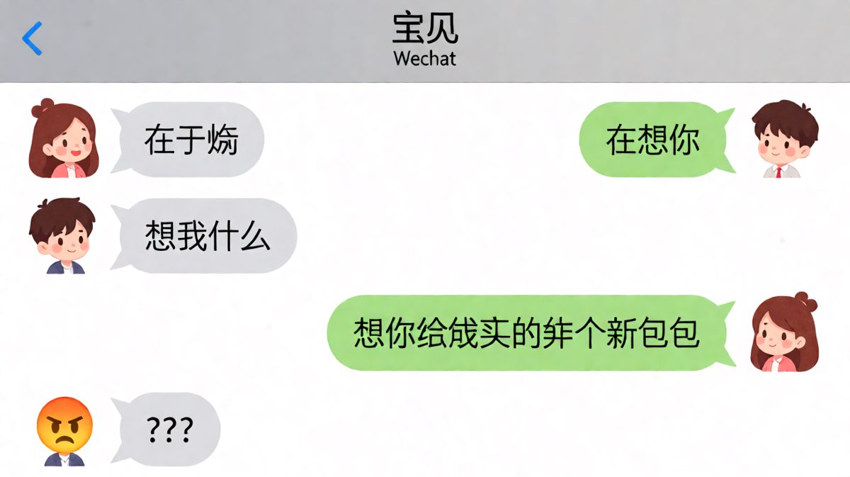 女生问在干嘛，男生说在想她——想的却是她买的新包包