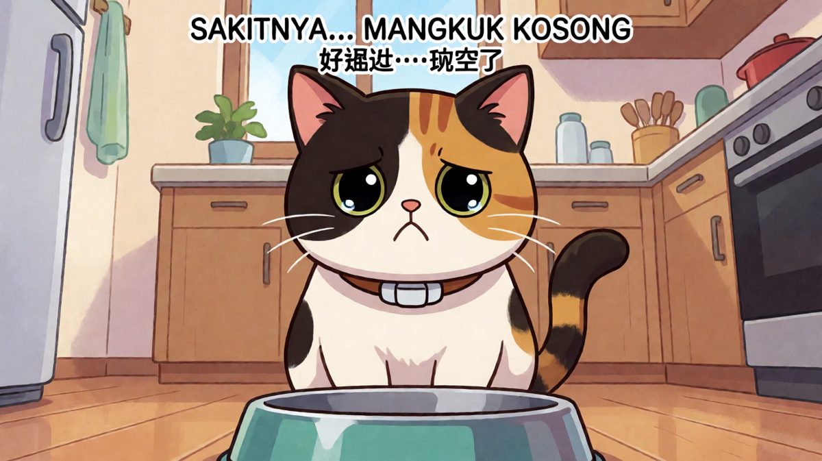 Kucing dengan mangkuk kosong saat lapar tengah malam.