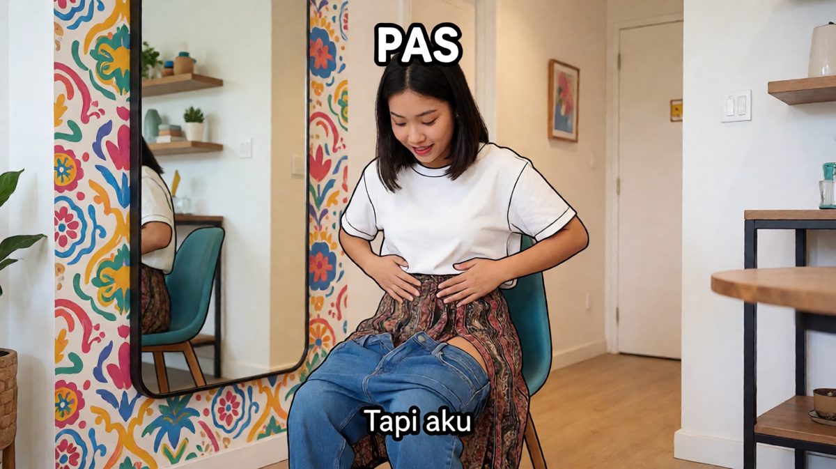 Ketika mencoba pakai celana setelah liburan.